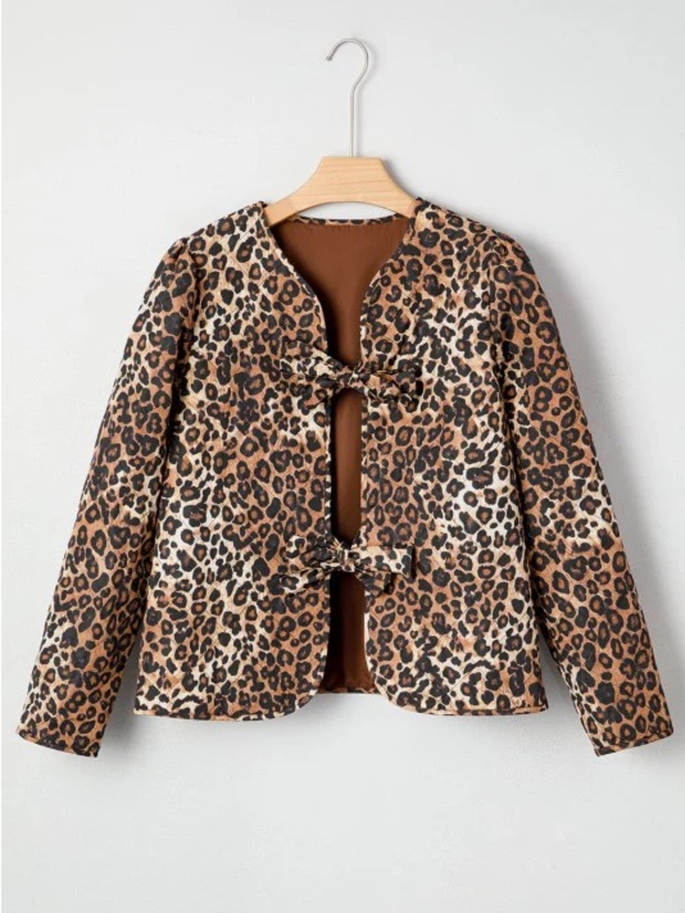 NEW Boutique Quilted Leopard Print Tie-Front Jacket Medium Brown Tan Trendy Bows - Picture 1 of 8